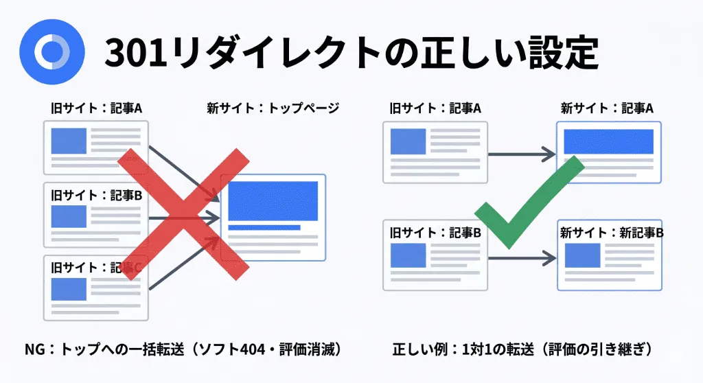 SEO評価を正しく引き継ぐ「1対1の正しい301リダイレクト」と、評価が消滅する「トップへの一括転送（ソフト404）」のNG例の違いを図解