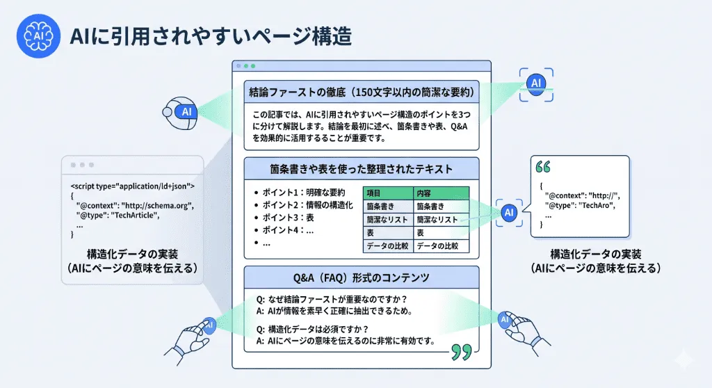 結論ファースト、FAQ形式、箇条書き、構造化データなど、AI Overviewに引用されやすいページ構造（AIO対策）のベストプラクティス図解