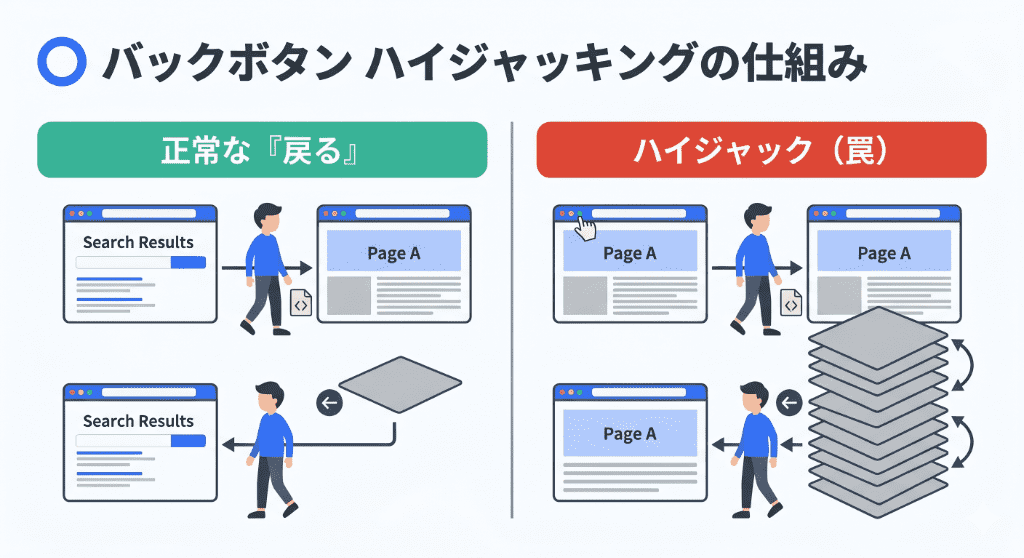 ブラウザの戻るボタンを押しても、間に挿入された数十個のダミーの閲覧履歴に阻まれて本来の検索結果に戻れない「バックボタンハイジャッキング」の仕組みを図解