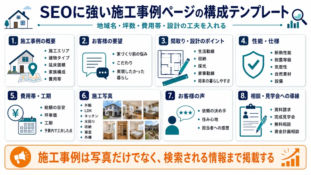 SEOに強い工務店の施工事例ページに入れるべき項目を整理したテンプレート図