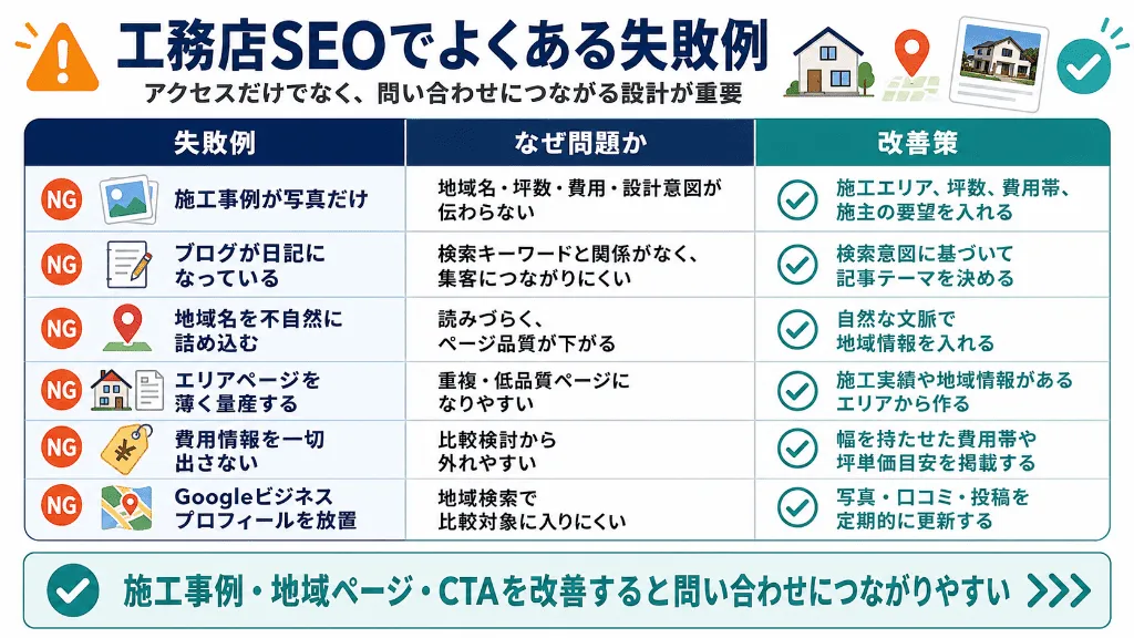 工務店SEOでよくある失敗例と改善策を整理した図