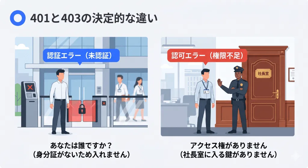 401 Unauthorized（未認証でビルに入れない）と403 Forbidden（権限不足で社長室に入れない）の違いの図解