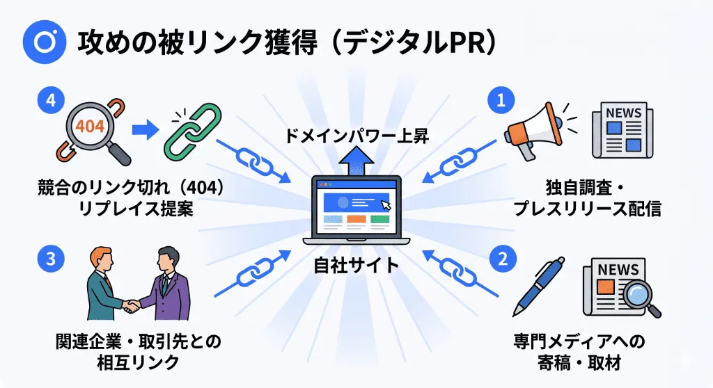 専門メディアへの寄稿、独自調査のプレスリリース、関連企業との相互リンクなど、企業が組織的に行う「攻めの被リンク獲得(デジタルPR)」の全体像