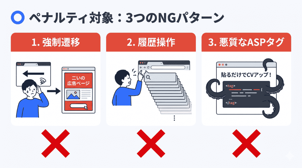 戻るボタンでの別ページ強制リダイレクト、ダミー履歴を使った無限ループ、悪質なASP提供タグといった、Googleにスパム認定される3つのNGな離脱防止ツールの具体例