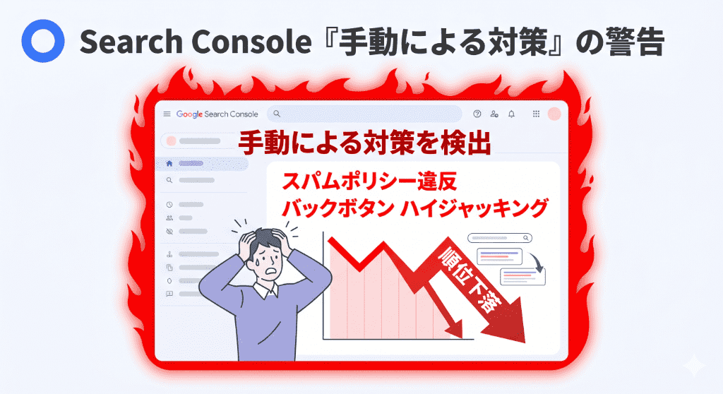 Google Search Consoleに届く「手動による対策（スパム判定）」の警告イメージ。パニックになってページを全削除せず、原因を特定することが重要。