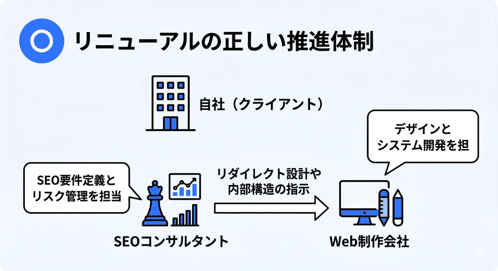 サイトリニューアルにおける役割分担。デザイン・実装を担う「制作会社」と、要件定義・リスク管理を担う「SEOコンサルタント」の連携図