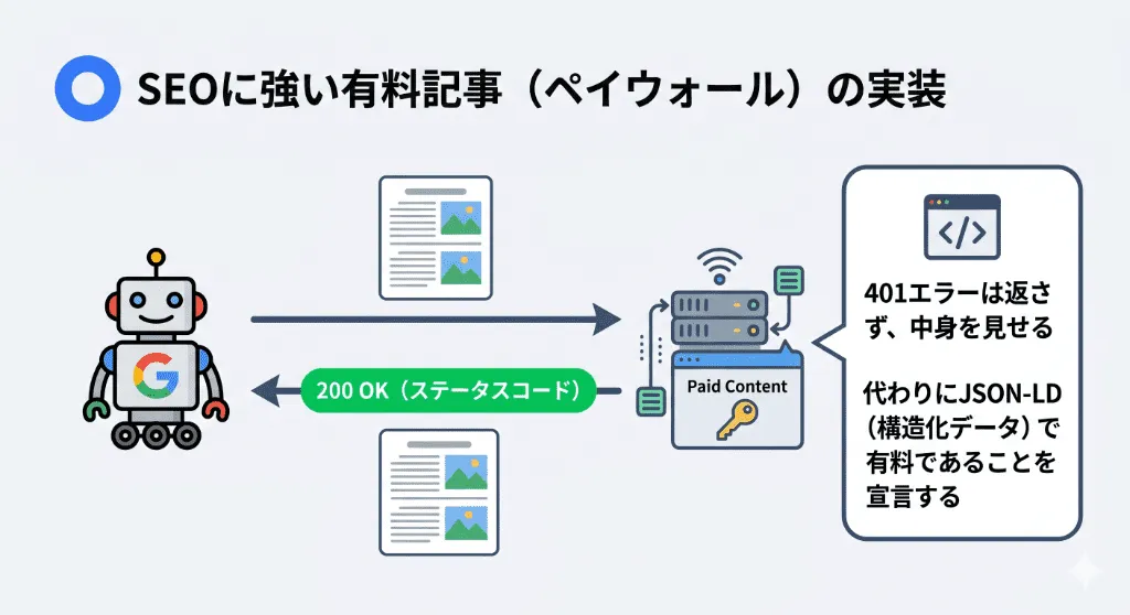 Googlebotには200 OKを返しつつ、構造化データ（JSON-LD）で有料記事であることを明示する正しいペイウォール実装の図解