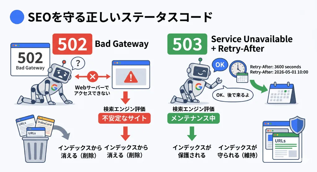 SEO評価を守るための、502エラーと503（Retry-After）によるメンテナンス通知の違いの比較図