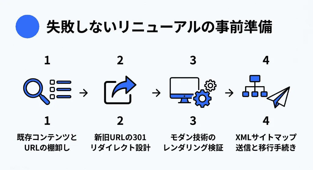 失敗しないリニューアルのための4つの事前ステップ（既存棚卸し、301リダイレクト、レンダリング検証、サイトマップ送信）の全体図